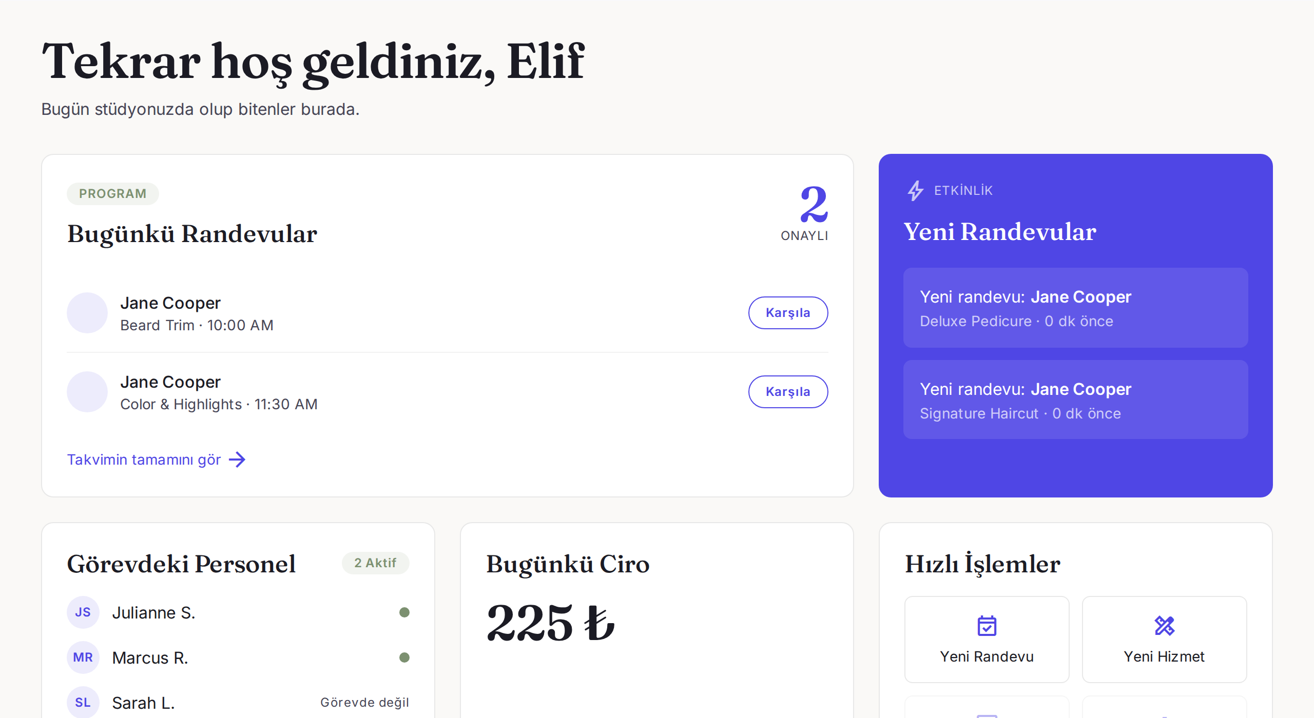 İşimGücüm yönetim paneli, günlük randevular ve ciro ekranı